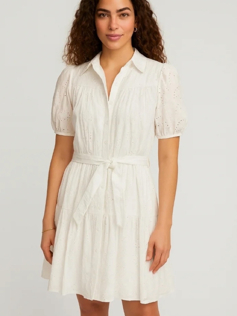 EXC! A New Day White Cotton Eyelet Tiered Puff Sleeve Mini Dress Belt S 4